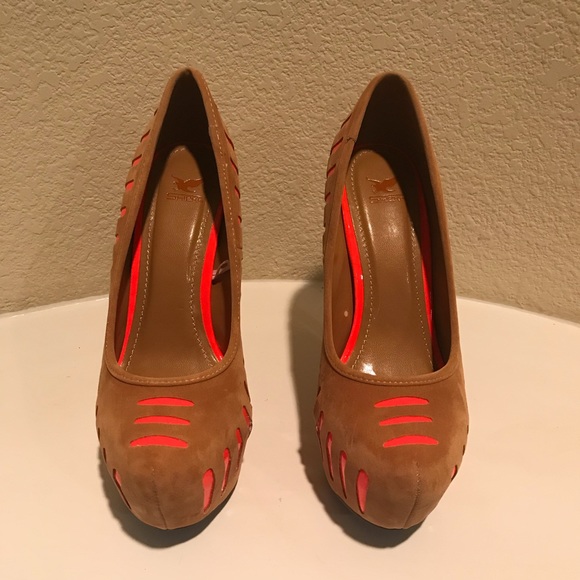 Faux Suede Pumps with Neon Red/Orange - Picture 1 of 6
